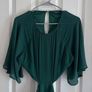 Green Flutter Sleeve Open Back Sheer Chiffon Maxi Formal Dress